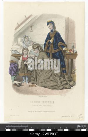 Mode illustrée, 1870, n° 51 : toilettes de Mme Fladry (...), 1870 deux dames de puits à faire rendent visite à une pauvre femme malade au lit. L'un d'eux habille la pauvre fille. Les dames sont vêtues de robes et manteaux flardents. Tirage du magazine de mode la mode illustrée (1860-1937). plaques de mode gravées en papier. donner aumônes ou autre charité, par exemple : distribuer de la nourriture. visiter le malade ; malade avec d'autres. habiller bébé. jupe (+ vêtements pour filles). manteau (+ vêtements pour filles). vêtements pour la partie supérieure du corps (+ vêtements pour filles). bas, chaussettes (+ vêtements pour filles). chaussures, sandales Banque D'Images