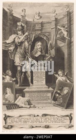 Portrait de l'archiduc Leopold Willem van Austria comme collectionneur d'art, Jan van Troyen, d'après David Teniers (II), 1658 tirage Portrait de Leopold Willem, archiduc d'Autriche et gouverneur des pays-Bas du Sud, dans une liste ovale avec sa devise, sur un piédestal avec une affectation à lui en latin. En plus de son portrait, Minerva est comme protecteur des arts En plus des peintures sur piédestal de la collection Leopold Willem. Laissé sous une collection de pièces de monnaie, un livre avec des dessins et un livre de musique. Papier gravure Minerva comme patronne. image, peinture Banque D'Images