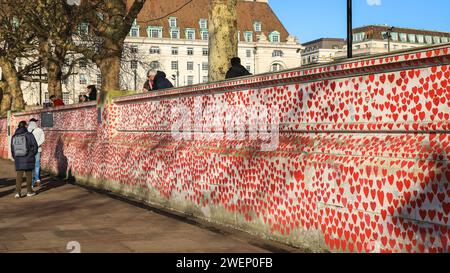 Londres, Royaume-Uni. 26 janvier 2024. Vue générale du mur. Les bénévoles du mur commémoratif national du Covid préservent certains des plus de 200 000 cœurs, chacun représentant quelqu’un qui est mort du Covid. Les volontaires, également issus de familles endeuillées, repeignent minutieusement les cœurs rouges, puis retracent les messages sur eux. Ils se battent également actuellement pour préserver le mur en tant que mémorial et exhortent le gouvernement à agir sur les recommandations faites par la Commission britannique pour la commémoration du Covid, présidée par la baronne Morgan, à le faire. Crédit : Imageplotter/Alamy Live News Banque D'Images