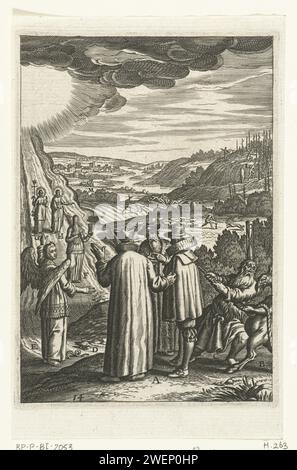 Emblème avec l'homme qui conseille à ses amis de vivre dans la vertu, Boëtius Adamsz. Bolswert, 1620 imprimer Un homme recommande à ses amis de vivre dans la vertu. Le diable et une tirette méchante sur une corde de plus en plus épaisse qui représente la tentation d’une vie dans le péché que l’homme doit briser. Un ange indique le bon chemin vers la vie éternelle. Dans le paysage, entre autres choses, les parabels du berger et du semeur sont montrés. papier gravant la vie de l'homme Banque D'Images