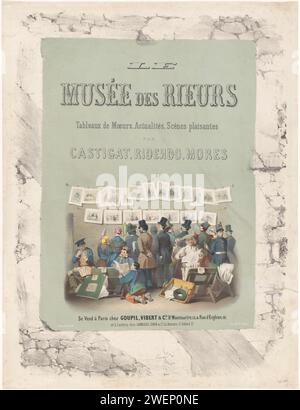 Voor de Preserie affiche de série le Musée des rieurs, Victor Jean François Dollet, tirage de 1847. Poster Avis d'emballage attaché à un mur de pierre avec des hommes, des femmes et des enfants qui voient l'offre d'un post-vendeur. Certaines des impressions sont accrochées à un cordon contre le mur, le reste est stocké dans des dossiers. marchand d'art en papier (+ arts graphiques). commerçant de rue. impression, par exemple : gravure, gravure, lithographie. soldat Banque D'Images