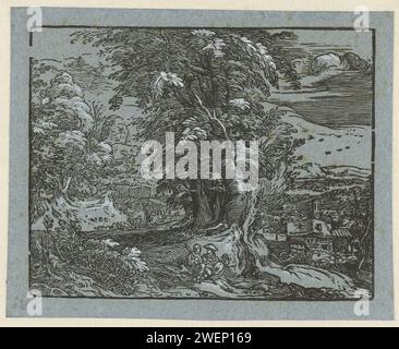 Paysage avec couple assis, Hendrick Goltzius, 1597 - 1600 print Paysage forestier ; au premier plan un homme et une femme assis sous un arbre. Cette estampe fait partie d'une série de quatre petites gravures sur bois avec des paysages. papier. deck peindre des paysages dans la zone tempérée Banque D'Images