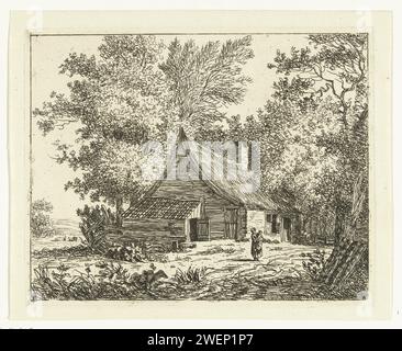Femme avec enfant debout devant une ferme sur le Weg Amstelveense, Anthonie van den Bos, 1778 - 1838 imprimer papier gravure ferme ou maison solitaire dans le paysage Amstelveenseweg Banque D'Images