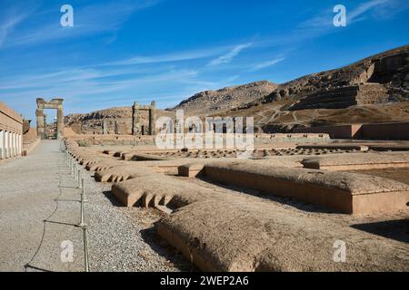 Ruines de Persépolis, capitale cérémonielle de l'Empire achéménide (550–330 av. J.-C.). Province de Fars, Iran. Banque D'Images