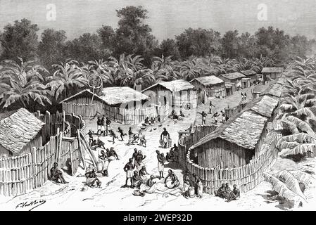 Vue sur le village d'utiri, Tanzanie. Afrique. Expédition de secours Emin Pacha 1886-1889 par Henry Morton Stanley (1841 - 1904) gravure ancienne du 19e siècle du Tour du monde 1890 Banque D'Images