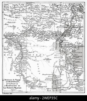 Carte de l'itinéraire de Stanley de la confluence de la rivière Aruwimi au lac Victoria. Afrique. Expédition de secours Emin Pacha 1886-1889 par Henry Morton Stanley (1841 - 1904) gravure ancienne du 19e siècle du Tour du monde 1890 Banque D'Images