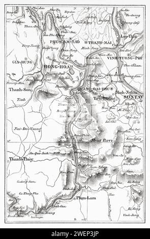 Carte de la région de Than-mai et du fleuve Noir, Vietnam, Indochine, Asie. Trente mois au Tonkin 1885 par le Docteur Charles Edouard Hocquard (1853 - 1911) Banque D'Images