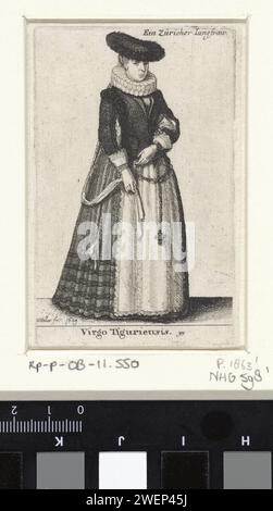 Vierge Tiguriensis / Ein Zürich Iungfraw, Venceslaus Hollar, 1649 femme de Zurich, avec un chapeau plat garni de plumes. Un double pli sur un corps ajusté avec des bragons, un col en V et des manches découpées dans lesquelles la chemise peut être vue. Certains poignets sont tombés avec le côté de la bande. Pied -long, jupe froissée décorée de pneus horizontaux. Long tablier blanc avec lavabos intermédiaires en dentelle et bordure ditto. Longue tresse à l'arrière se terminant par un écran argenté. Sur la ceinture pend au milieu devant un pommande et un couteau et une petite pochette de côté. tête de gravure de papier : chapeau (+ fourrure utilisée pour les vêtements). casque : ha Banque D'Images