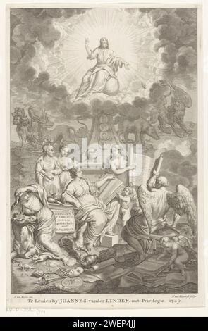 Allégorie sur l'ancien et le Nouveau Testament, François van Bleyswijck, d'après Frans van Mieris, 1729 imprimer allégorie sur l'ancien et le Nouveau Testament avec le temps des pères et muses avec différents attributs tels que Schrifrol, peut-être avec les dix Commandements, Livre et globe. Sur le sol est une image renversée de Pan comme un signe d'idolâtrie. Au-dessus de ce groupe, Christ comme Salvator Mundi à Stralenkrans est entouré de quelques animaux monstrueux. Gravure sur papier / gravure Père temps, homme avec ailes et faux. (Histoire des) Muses ; 'Muse' (Ripa). 'Salvator Mundi', faisant un geste de bénédiction ; un orbe dans sa main ou à la sienne Banque D'Images