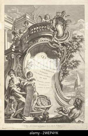 Tirage titre pour un oeuvre de dessins de juste Aurèle Meissonnier, Pierre Alexandre Aveline, juste Aurèle Meissonnier, 1738 - 1749 tirage personnification de l'art entouré de putti dans un cartouche architectural avec le titre de la série. Ce tirage fait partie d'un album. gravure de papier page de titre. ornement  cartouche. cupidons : 'amores', 'amoretti', 'putti'. 'Architectura', représentations symboliques, allégories et emblèmes  architecture ; 'Architettura' (Ripa) Banque D'Images