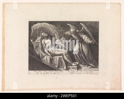 Investissement du Christ par deux anges, 1570 - 1632 impression dans la tombe le cadavre du Christ repose sur la pierre tombale. Un ange s'agenouille devant le corps et embrasse la main gauche. Le deuxième ange se tient devant les bras. Deux bougies allumées sur la tombe. Gravure sur papier Christ déploré par les anges Banque D'Images