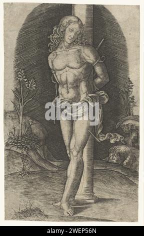 Saint Sebastiaan attaché à la colonne, Marcantonio Raimondi, 1500 - 1520 imprimer papier gravure le martyr Sebastian ; attributs possibles : flèche(s), arc, tronc d'arbre Banque D'Images