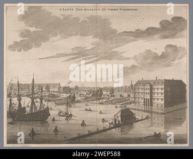 Vue des terres Zeemagazijn (Admiralty Wagazijn) et de l'Admiraltywerf à Amsterdam, Joseph Mulder, 1693 - 1726 print vue des terres Zeemagazijn, également connu sous le nom d'entrepôt de l'Admiralty, à Kattenburgerplein à Amsterdam (à droite). Sur la partie gauche de la cour d'amirauté qui l'accompagne, vu de l'eau. gravure / gravure de papier structure à grande échelle pour le stockage, par exemple : entrepôt, dépôt, silo. chantier naval, quai. magasin de munitions, arsenal. Industrie navale Admiraltyterf. L'entrepôt maritime du pays. Kattenburg Banque D'Images