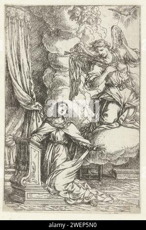 Annunciatie, Jonas Umbach, 1634 - 1693 print Archange Gabriël apparaît à Marie, pointant vers le Saint-Esprit au-dessus de lui. Papier gravant l'Annonciation : Marie agenouillée Banque D'Images