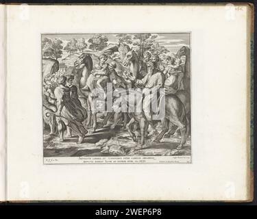 Jakob avec sa famille sur le chemin du retour, Cesare Fantetti, après Rafaël, 1675 print Jakob représente Laban et se plaint, en présence de Léa et Rachel, de la liste Laban. Laban a trompé Jakob en lui faisant épouser Léa avec Rachel. Verset biblique sous le spectacle. L'impression fait partie d'un album. Papier décapage Jacob sur le chemin de Canaan avec sa famille, ses troupeaux, ses chameaux et toutes ses possessions Banque D'Images