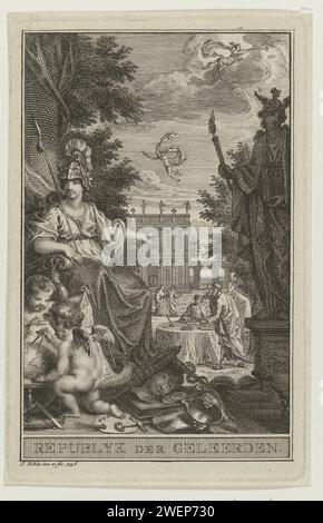 Minerva en tant que patronne de la science et des arts, 1746 imprimer Minerva est entouré par les attributs de la science et des arts et est en compagnie de deux putti qui étudient un globe avec un passant et une carte. Elle pointe vers le fond où les personnages sont en vêtements classiques sur un carré. À sa droite se trouve une figure allégorique casquée sur un piédestal avec une torche et un livre dans les mains. Gravure sur papier / gravure aspects spécifiques, aspects allégoriques de Minerve ; Minerve comme patronne Banque D'Images