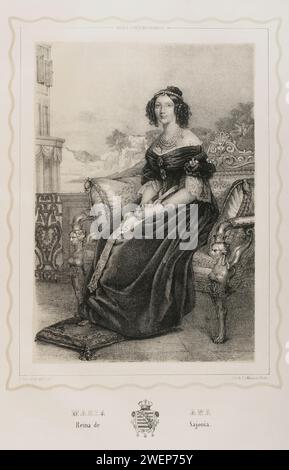 Marie-Anne de Bavière (1805-1877). Reine consort de Saxe (1836-1854) par son mariage avec le roi Frédéric-Auguste II de Saxe (1797-1854). Portrait. Dessin de I. Brochelon. Lithographie de J.J. Martinez. Reyes Contemporáneos (rois contemporains). Volume II Publié à Madrid, 1852. Banque D'Images