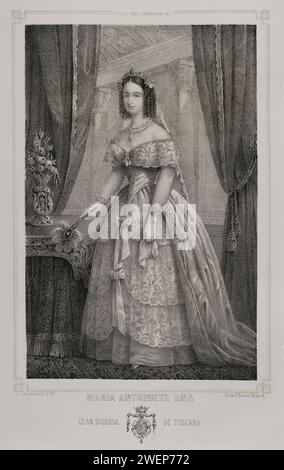 Maria Antonia des deux-Siciles (1814-1898). Grande-Duchesse consort de Toscane (1833-1859) par son mariage avec Léopold II (1797-1870), Grand-Duc de Toscane (1824-1859). Portrait. Dessin de C. Legrand. Lithographie de J. Donon. Reyes Contemporáneos (rois contemporains). Volume II Publié à Madrid, 1852. Banque D'Images