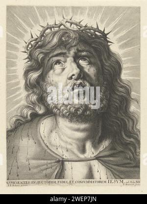 Tête du Christ avec Doornenkroon, Pierre Dannoot, d'après Pierre Paul Rubens, 1644 - 1692 imprimer tête du Christ avec le regard visé et la couronne d'épine dans Nimbus, le sang tombe sur son visage. Dans la règle latine du texte d'Hébreux 12. Gravure sur papier tête du Christ avec couronne d'épines Banque D'Images