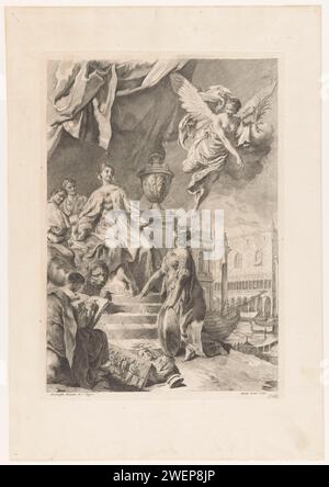 Allégorie à Venise, c. 1740 imprimer allégorie à Venise. Minerva apporte hommage et cadeaux debout devant la ville vierge sur son trône. Du côté de Venise un lion ailé, derrière elle les deux auteurs Zanetti. À droite en arrière-plan une partie du Palais des chiens (Palazzo Ducale) et statue de Saint Théodore, saint patron de Venise, sur une colonne sur San Marcoplein. Dans l'air la célébrité. les villes de gravure sur papier représentaient allégoriquement ou symboliquement. Aspects spécifiques, aspects allégoriques de Minerve ; Minerve comme patronne. FAME ; 'Fama', 'Fama buona', 'Fama chiara' (Ripa) (+ concept abstrait repre Banque D'Images