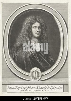 Portret van Jean-Baptiste Colbert de Seignelay, Gerard Edelinck, d'après Pierre Mignard (1612-1695), tirage 1666-1707 Portrait de l'homme politique français Jean-Baptiste Antoine Colbert, marquis van Seignelay (1651-1690), représenté en accompagnement ovale avec arme. gravure sur papier Banque D'Images