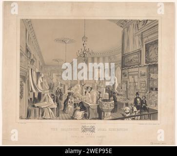 Intérieur de la salle du Conseil pendant l'exposition locale de Salisbury, 1852, John Brandard, d'après Walter Francis Tiffin, 1852 imprimer intérieur avec des hommes, des femmes et des enfants qui regardent les produits exposés. Sur la droite, le stand de la librairie Roe, probablement Edward Roe de Salisbury. Sous l'arme de Salisbury. exposition commerciale du papier, foire des industries. Librairie, kiosque Salisbury Banque D'Images