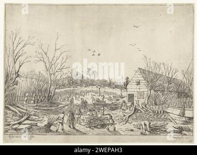 Travaux de réparation sur le Lekdijk brisé à 't Waal, Esaias van de Velde, 1624 - 1640 imprimer le Lekdijk du Nord brisé en 1624. Des hommes avec des forêts de branches marchant sur leur dos à travers le lit asséché de la rivière Lek. Les bateaux sont drainés. Le Lekdijk est restauré avec des branches. Au loin, la tour de l'église de 't Waal et la tour Dom d'Utrecht. gravure du papier digue-brise. Rivière sèche, lit de rivière Lek Banque D'Images