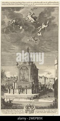 Temple de la paix pour le feu d'artifice du 30 août 1721, Jan Goeree, d'après Simon Schijnvoet, 1721 imprimer préparatifs pour le temple de la paix, le centre du feu d'artifice a démarré le 9 décembre, 1721 sur le Binnen-Amstel au Kloveniersburgwal en mémoire de la paix de Nystad conclue entre la Russie et la Suède le 10 septembre 1721. Dans les airs quatre anges, sur la droite une pièce de la tour Swygh Utrecht. Le feu d'artifice livré au nom de Christoffel van Brants, représentant de la Kroon russe à Amsterdam. gravure sur papier / gravure feu de joie, feu de cheminée (+ illumination, feu de cheminée  f Banque D'Images