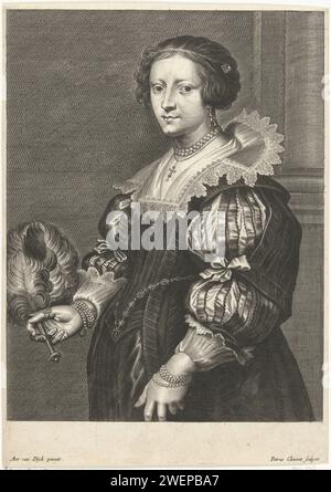 Portrait d'Anna Wake, Petrus Clouwet, d'après Anthony Van Dyck, 1639 - 1670 tirage Portrait d'Anna Wake, l'épouse du marchand anversois Peeter Stevens. Buste vers la gauche. Anna Wake est richement habillée et a un ventilateur dans la main droite. gravure sur papier Banque D'Images