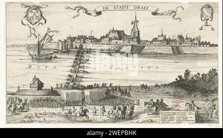 Arrivée du Schutterij van Leiden in grave, 1622, 1622 imprimer l'arrivée de la milice Leiden à grave, 26 septembre 1622. Les troupes se rassemblent sur les rives du Waal près du Schipbrug. Au bas de Legenda A-IJ. Au sommet de l'air les armes de Leiden et grave. Partie d'une série de 3 estampes du voyage du Schutterij van Leiden à la tombe pour garder la ville occupée afin que Maurits puisse se retirer à Bergen op Zoom. Sans les versets sous la plaque. Papier gravure mouvements de troupes, tombe de transport Banque D'Images