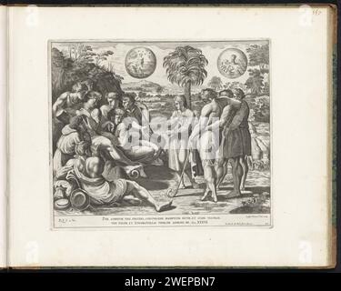 Jozef raconte ses rêves à ses frères, Cesare Fantetti, après Rafaël, 1675 print Jozef explique son rêve à ses frères. Il dit que dans son rêve les gerbes de chœur de ses frères se sont inclinés pour sa propre gerbe et que le soleil, la lune et les étoiles se sont également inclinés pour lui. Verset biblique sous le spectacle. L'impression fait partie d'un album. Gravure sur papier premier rêve de Joseph : les onze gerbes de blé de ses frères forment un cercle autour de la gerbe de Joseph et s'inclinent. Histoire de Joseph (partie I) Banque D'Images