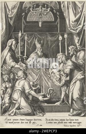 Présentation du Christ au Temple, Cornelis Cort, d'après Federico Zuccaro, c. 1568 - c. 1578 imprimer Marie et Joseph apportent le Christ au temple. Maria donne l'enfant au grand prêtre qui se tient derrière un autel avec des bougies allumées. A gauche des femmes priantes et une fille avec un panier avec deux pigeons sur la tête. Les pigeons seront sacrifiés à la place du premier enfant. Gravure sur papier de présentation de l'enfant-Christ dans le temple, habituellement Siméon (et Anna) présent (Luc 2:22-39). Purification de Marie ; offrande des colombes Banque D'Images