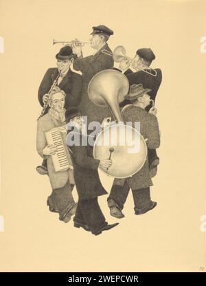 Polonaise, vers 1899 - en 1952 ou avant, six musiciens marchaient en cercle : quatre instruments à vent, un accordéoniste et un batteur. papier. bande de laiton d'encre d'impression, bande de rue Banque D'Images