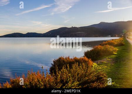 Siamo sulla laguna di orbetello, in toscana, Dove si affacciano famose specie animale, tra cui i fenicotteri rosa, siamo a 2 passi da Monte Argentario Banque D'Images