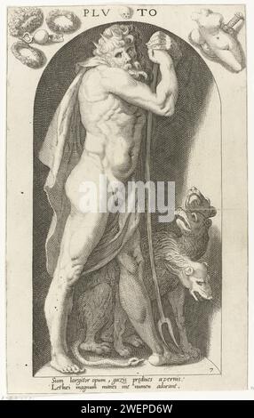 Pluton, Nicolaas Braeu, d'après Karel van Mander (I), 1598 imprimer une image de Pluton, le dieu des enfers, placé dans une niche. En tant que souverain, Pluton porte une couronne sur l'empire. À côté de lui se trouve Cerberus, chien à trois têtes qui surveille l'entrée du monde souterrain. Dans cette série, Pluton a une contrepartie dans sa femme Proserpina. Sous le spectacle un verset latin. Gravure sur papier (histoire de) Pluton (Hadès), dis Pater, Orcus Banque D'Images