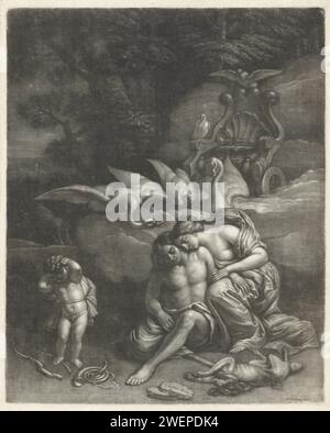 Adonis meurt dans les bras de Vénus, Wallerant Vaillant, après Erasmus Quellinus (II), 1658 - 1677 imprimer Adonis meurt dans les bras de Vénus. Vénus et Amor pleurent sa mort. Pendant la chasse, Adonis a été grièvement blessé dans un combat avec un sanglier. En arrière-plan la voiture de Vénus et le sanglier. Papier Vénus pleurant Adonis Banque D'Images