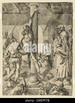 Martyre de Saint Sebastiaan, 1500 - 1599 print Sebastiaan attaché à la colonne. Passants, quelques-uns avec un arc à la main. Poche avec flèches sur le sol. Gravure sur papier le martyr Sebastian ; attributs possibles : flèche(s), arc, tronc d'arbre Banque D'Images