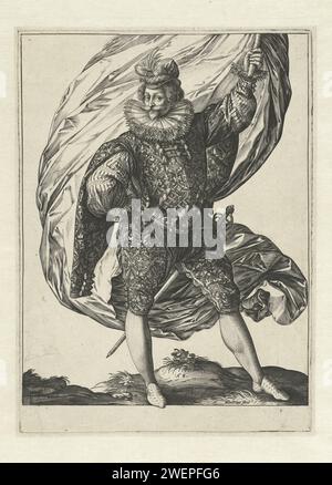 VAANDRIG, 1585 print Portrait d'un homme avec une bannière dans la main gauche. Identifié comme Gerrit Pietersz. Ruychaver. Inachevé : l'arrière-plan et la marge sous l'impression sont vidés. gravure sur papier (militaire) porte-étendard Banque D'Images