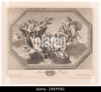 Lodewijk XIV couronné chariot de victoire, Augustin Jacques Renard de Saint-André, d'après Charles le Brun, 1695 estampe allégorie sur le roi Louis XIV de France, représenté comme une figure divine de la mythologie classique. Il conduit un flotteurs, qui est tiré par deux chevaux, au-dessus des nuages, entouré par Fama, Abundantia et deux autres personnages. Minerva tient une couronne au-dessus de sa tête. La performance est prise dans un bord d'ornement octogonal. Plafond peint par le Brun dans la salle Royale du Louvre. gravure sur papier de personnages historiques. emperor Banque D'Images