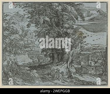 Paysage avec couple assis, 1597 - 1600 imprimer Paysage forestier ; au premier plan un homme et une femme assis sous un arbre. Cette estampe fait partie d'une série de quatre petites gravures sur bois avec des paysages. paysages de papier dans la zone tempérée Banque D'Images