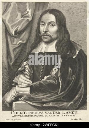 Portrait de Christoffel Jacobsz. Van der Laemen, Petrus Clouwet, d'après Anthony Van Dyck, 1639 - 1670 tirage Portrait du peintre Christoffel Jacobsz. Van der Laemen. Buste vers la gauche. L'impression a une légende latine. gravure sur papier Banque D'Images