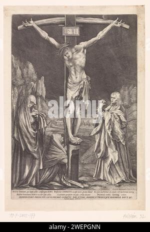 Christ sur la croix, avec Johannes, Maria et Maria Magdalena, Raphaël Sadeler (I), d'après Matthias Grünewald, 1605 estampe Christ sur la croix, avec Johannes, Maria et Maria Magdalena, d'après la peinture de Mathhias Grünewald sur papier gravure / gravure Christ crucifié avec Marie, Jean et Marie Madeleine Banque D'Images