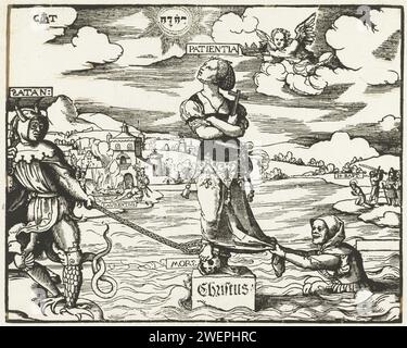 Patience (Patientia) sur une pierre dans l'eau, Cornelis Anthonisz., 1507 - 1553 imprimer patience (Patientia) sur une pierre dans l'eau, le pied s'appuie sur le crâne, croix dans sa main. Le mot Christ est sur la pierre. Sa jambe est sur la chaîne que Satan a collé sur son côté droit. D'autre part, une figurine tire son manteau. Engel arrive avec une couronne. En paysage en arrière-plan la décapitation de Jean-Baptiste et le martyre de Sainte-Laurentius. Stylo papier patience ; 'Patienza' (Ripa). Diable(s) et démons : Satan. St. Laurence est rôtie sur un griron. La décapitation de Jean le Baptiste Banque D'Images