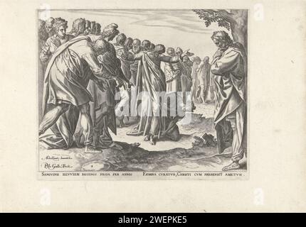 Christ guérit une femme atteinte de sang, Philips Galle, d'après Anthonie Blocklandt, c. 1577 - c. 1579 imprimer Christ se tient devant le temple parmi un groupe d'hommes. Une femme malade s'agenouille sur le sol à côté de lui et touche l'ourlet de son top-tapis pour guérir sa maladie. Gravure de papier guérison d'une femme avec un problème de sang : elle s'agenouille devant Christ après avoir touché sa robe (Matthieu 9:20-22, Marc 5:25-34, Luc 8:43-48) Banque D'Images