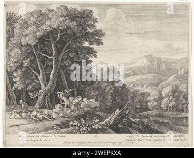 Vénus pleure la mort d'Adonis, Herman van Swanevelt, 1654 estampe dans un paysage vallonné avec des fêtes d'arbres, l'Adonis tué est représenté à gauche au premier plan. Il est allongé sur le sol à côté de sa lance et des anémones fleurissent entre ses jambes. Derrière lui, deux chiens peuvent être vus et au-dessus de lui, Cupido flotte, avec qui les flèches tombent de son tube. Pour Adonis, Vénus laisse son char avec des cheveux ondulés. Elle tient un objet avec un bec au-dessus de sa tête. Deux pigeons s'envolent à côté d'elle. En bas, l'épisode de l'histoire est expliqué dans un texte français de quatre lignes. Papier gravure de Vénus deuil A. Banque D'Images