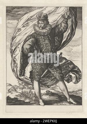 VAANDRIG, 1585 print Portrait d'un homme avec une bannière dans la main gauche. Identifié comme Gerrit Pietersz. Ruychaver. Soldats marchant en arrière-plan. Marge sous le spectacle est vidée. gravure sur papier (militaire) porte-étendard. boucles d'oreille (+ vêtements pour hommes). casque : toque (+ vêtements pour hommes). Vêtements pour la partie supérieure du corps (avec NOM) (+ vêtements pour hommes). Cou-équipement  vêtements (avec NOM) (+ vêtements pour hommes). Vêtements pour la partie supérieure du corps (DOUBLET) (+ vêtements pour hommes). pantalons, culottes, etc (CULOTTES) (+ vêtements pour hommes). chaussures, sandales (+ vêtements pour hommes). bas, chaussettes (+ hommes Banque D'Images