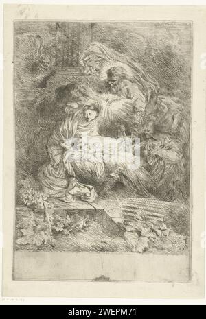 Dieu le Père à Marie avec l'enfant, Giovanni Benedetto Castiglione, 1645 - 1647 imprimer Maria et deux anges autour de la crèche avec l'enfant Christ. Au-dessus de l'enfant le Saint-Esprit et Dieu le Père. Papier gravure Marie, Joseph et le Christ nouveau-né (Nativité). La Sainte Trinité, 'Trinitas coelestiss' ; Père, fils et Saint-Esprit  religion chrétienne Banque D'Images