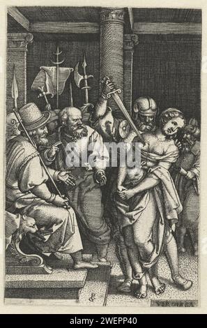 Virginius tue sa fille Virginia, Georg Pencz, 1546 - 1547 print Virginius tue sa fille Virginia avec une épée pour lui sauver le désir d'Appius Claudius. Gravure sur papier mort de Virginie : elle est poignardée à mort par son père, le centurion Virginius, afin de la sauver de la convoitise d'Appius Claudius, qui l'a faussement revendiquée comme esclave et qui a rendu un jugement dans son cas Banque D'Images
