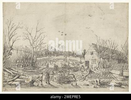 Travaux de réparation sur le Lekdijk brisé à 't Waal, Esaias van de Velde, 1624 imprimer le Lekdijk du Nord brisé en 1624. Des hommes avec des forêts de branches marchant sur leur dos à travers le lit asséché de la rivière Lek. Les bateaux sont drainés. Le Lekdijk est restauré avec des branches. Au loin, la tour de l'église de 't Waal et la tour Dom d'Utrecht. gravure du papier digue-brise. Rivière sèche, lit de rivière Lek Banque D'Images