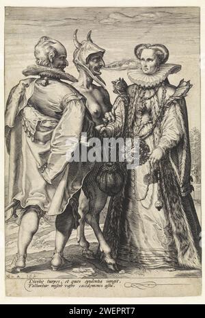 Mariage de la richesse conclu par le diable, Jan Saenredam, d'après Hendrick Goltzius, 1575 - 1607 imprimer le diable relie un homme et une femme qui symbolise l'amour lucratif en couple, dans la vraie vie. gravure sur papier diable(s) et démons. cérémonies de mariage (civil). (Personnifications et représentations symboliques de) qualités d'Amour Banque D'Images